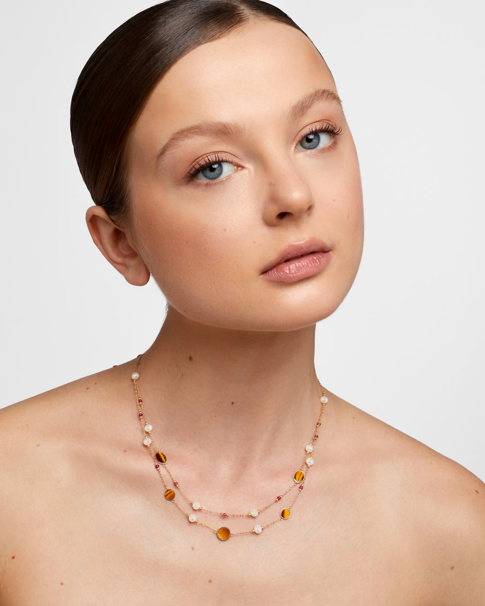 San Luis Tigers Eye Inlay Ruby Pearl Chain Necklace
