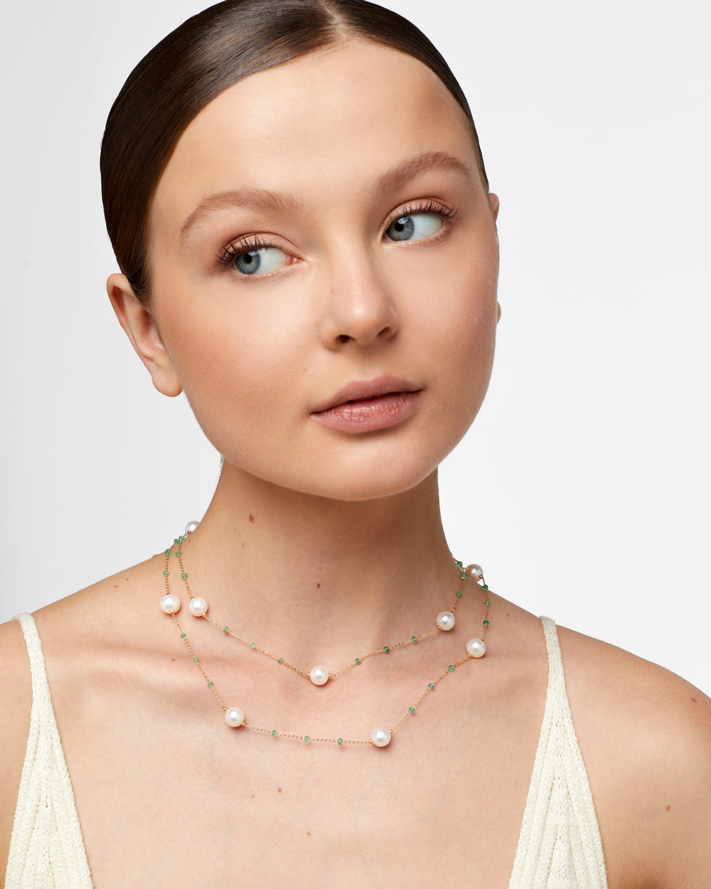 Pfieffer Large Pearl Emerald Double Long Chain Necklace